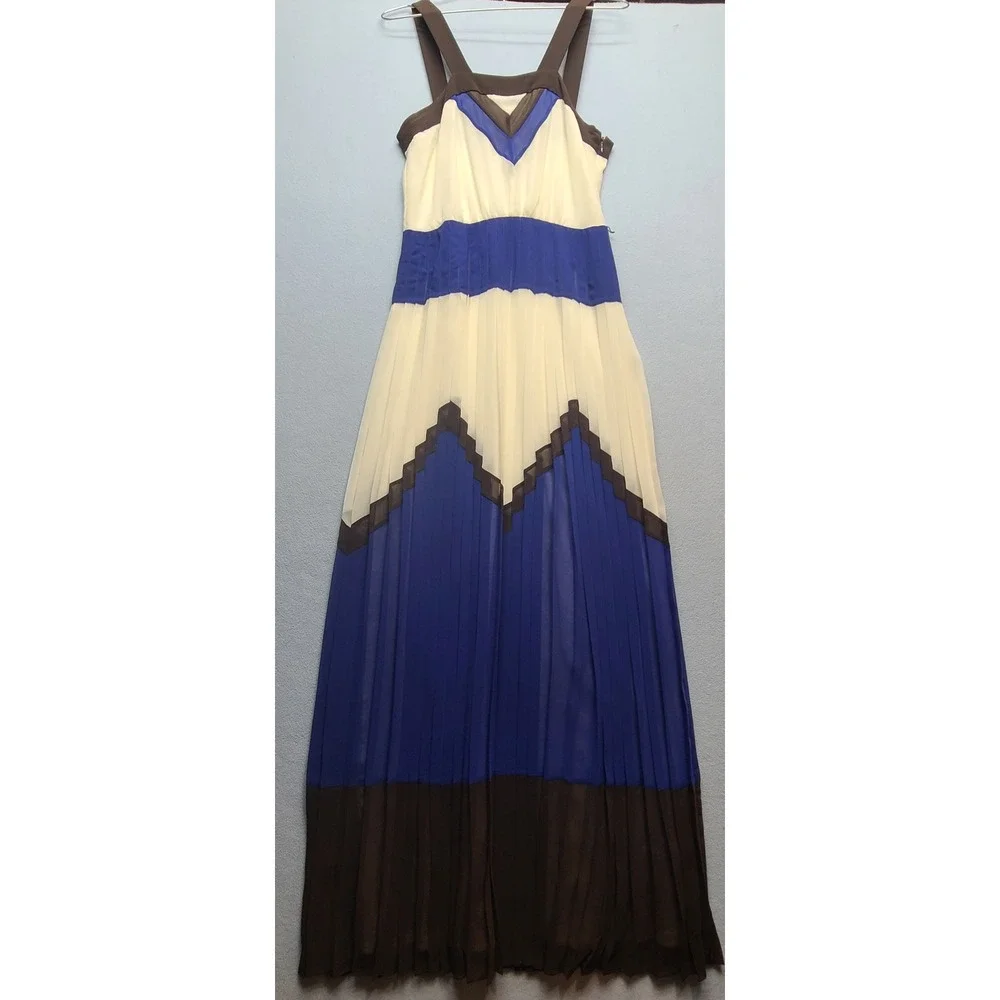Milly Maxi Dress Womens 6 Blue Cream Brown Excellent Pleated Chevron Colorblock